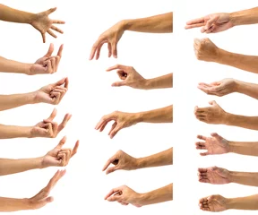 Fotobehang Clipping path of multiple male hand gesture isolated on white background. Isolation of hands gesturing or symbol on white background. © indysystem