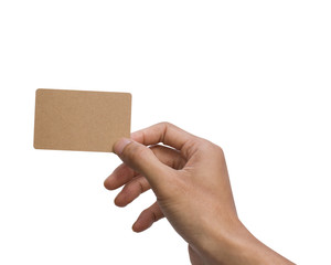 Man hand holding, showing, giving, present, brown empty card isolated on white background with clipping path for mock up or easy to moving for design your work.