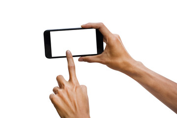 Man hand holding black horizontal smartphone with white screen for mock up design. isolated on white background. insert clipping path easy for use.