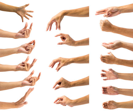 Clipping path of multiple male hand gesture isolated on white background. Isolation of hands gesturing or symbol on white background.