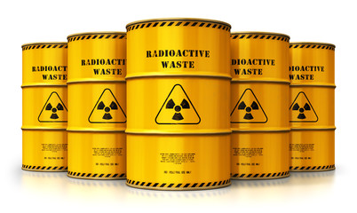 Group of yellow drums with radioactive waste isolated on white background