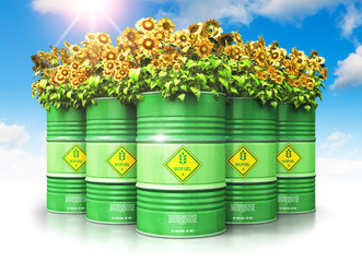 Group of green biofuel drums with sunflowers against blue sky with clouds