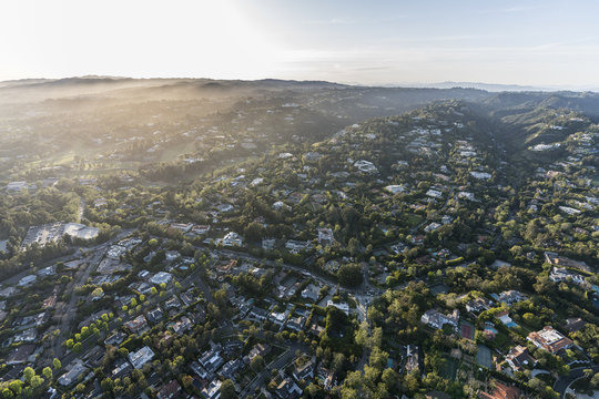 Aerial view of affluent homes and estates in the Bel Air area of Los Angeles, California.