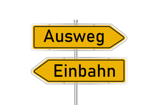 Zwei gelbe Stra&szlig;enschilder - Ausweg / Einbahn