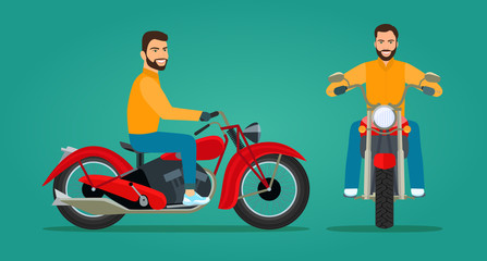 Fototapeta premium Young man riding a motorcycle. Front and side view. Vector flat style illustration
