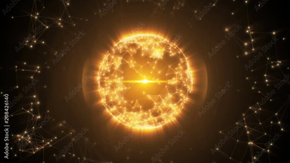 Poster abstract sphere from connected plexus white dots and lines and a pulsating light in center