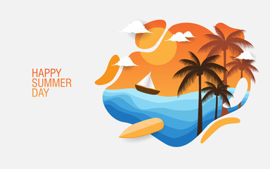 Fototapeta na wymiar Happy Summer Day, Creative background with palm, beach, sun, for print, banner, cards etc.