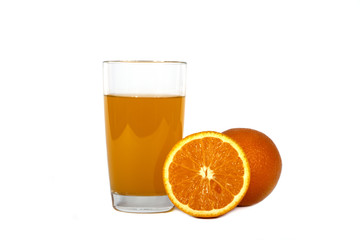Fresh orange juice with mint in a glass cup isolated on white background. Fresh oranges and juice on a white background, view of the shu, cospore space.