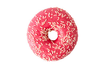 Pink donut isolated on white background. Top view.