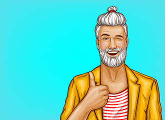 Vector pop art hipster with beard and stylish hairstyle winks and shows thumbs up gesture on blue background. Portrait of smiling positive man in casual clothes, poster for advertising, sale banners