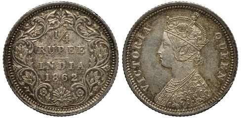 British India silver coin 1/4 quarter rupee 1862, face value and date within floral ornament, bust of Queen Victoria left, colonial time,