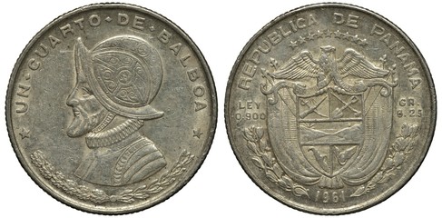 Panama silver coin 1/4 quarter balboa 1961, bust of Balboa in cuirass and helmet, arms, shield,...