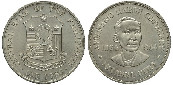 The Philippines silver coin 1 one peso 1964, shield with stars, eagle and lion, Apolinario Mabini centennial, 