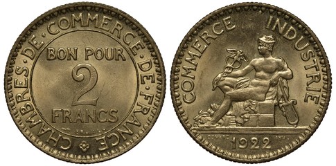 France, French coin 2 two francs 1922, inscription in French French Chamber of Commerce, seated Mercury holding caduceus and cithara, date below,