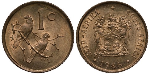 South Africa African coin 1 one cent 1986, two wildlife birds on branch, two antelopes supporting...