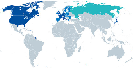 G8, Group of Eight, map. Reformatted in 2014 as G7. Worlds largest advanced economies. Suspended Russia, turquoise. Remaining members, dark blue. Attending Council President of EU, light blue. Vector.