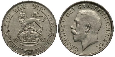 United Kingdom British silver coin 1 one shilling 1920, lion on crown, date below, George V head...
