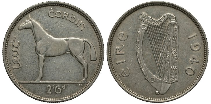 Ireland, Irish coin 2 shillings 6 pence - half crown 1940, horse left, harp, silver,