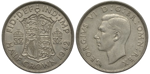 United Kingdom British silver coin 1/2 half crown 1942, WWII issue, shield with lions and harp...