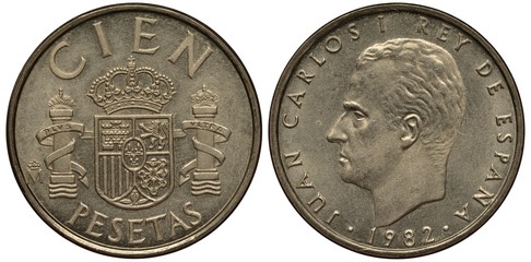 Spain Spanish pre-euro coin 100 one hundred pesetas 1982, crowned shield with stripes, chain, tower and lion flanked by pillars, head of King Juan Carlos I left, 