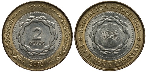 Argentina Argentinean bimetallic coin 2 two peso 2010, face value within circular pattern in inner circle, branches in outer circle, sun with rays, motto liberty and union,