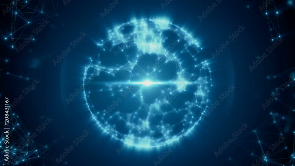 Poster abstract sphere from connected plexus white dots and lines and a pulsating light in center