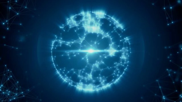 Abstract sphere from connected plexus white dots and lines and a pulsating light in center