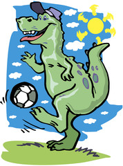 Vector illustration of cartoon funny dinosaur playing football