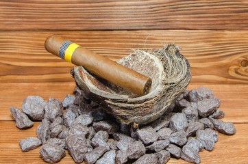 Fototapeta na wymiar Cigar and coconut shell.