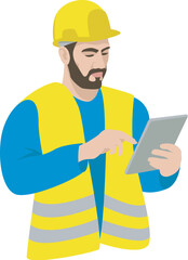 Worker in a helmet with a tablet in his hands