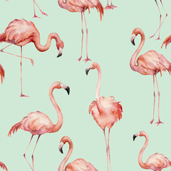 Watercolor flamingo pattern. Hand painted bright exotic birds isolated on blue background. Wild life illustration for design, print, fabric or background.