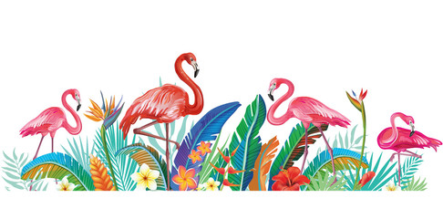 Flamingoes with tropical flowers © Viktoriia Protsak