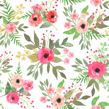 Watercolor floral seamless pattern with colorful hand drawn pink