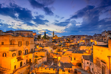 Matera, Basilicata, Italy: Night view of the old town - Sassi di Matera, European Capital of Culture, at dawn