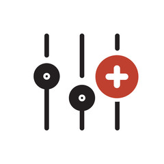 Settings icon, multimedia icon with add sign. Settings icon and new, plus, positive symbol