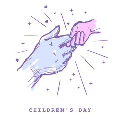 Children`s day concept. Hands of man and child holding together sketch hand draw vector illustration. Two hands holding each other strongly. Handshake. Two hands together