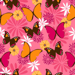 Jungle seamless pattern with butterflies on pink background