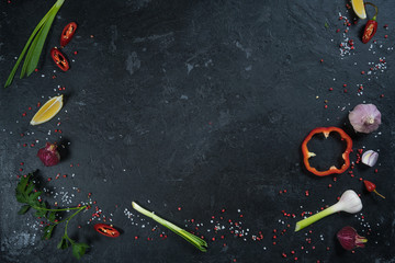 Selection of spices herbs and greens. Ingredients for cooking. Food background on black slate table.