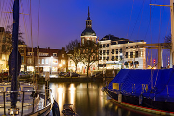 Medieval Dordrecht, Netherlands during the evening dark blue sky in winter
