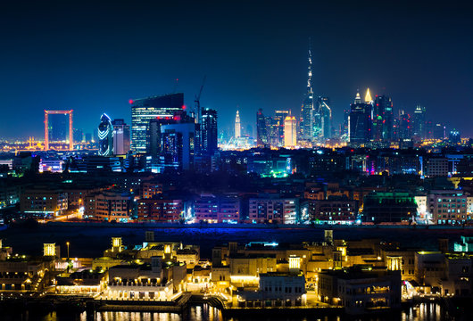 Dubai skyline and modern cityscape view at night