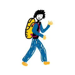 Lucky guy goes camping with a big backpack on his back. Traveler, wanderer