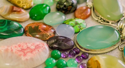 assorted colorful gemstone cabochon. geology and mineral background