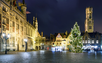 Fototapeta na wymiar Christmas decorations at square in the beautiful medieval city of Bruges (Brugge), Belgium