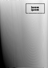 Vertical abstract background with striped halftone pattern in black and white colors. A wavy texture of gradient line ornament. Design template of flyer, banner, cover, poster in A4 size. Vector 