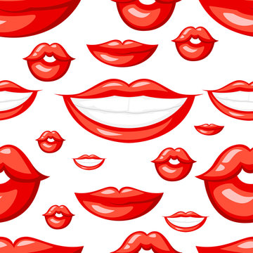 Seamless pattern. Red lips illustration. Smiling and kiss emotes. Vector illustration on white background