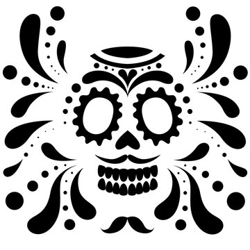 Black silhouette. Mexican skull mask. Day of The Dead skull, cartoon style. Sugar skull with floral element. Vector flat illustration isolated on white background