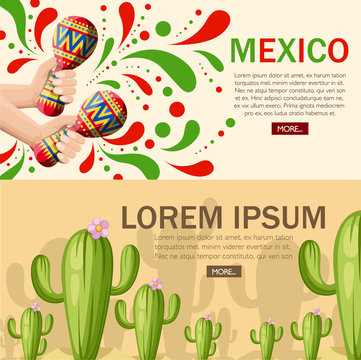 Hand holds colorful maracas. Green cactus with pink flower. Large cactus trees in desert. Cartoon vector illustration on desert background. Web site page and mobile app design. Place for text