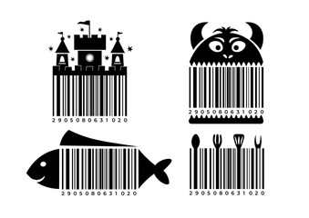 Illustration Barcodes vector set castle, fish, cook, monster cartoon