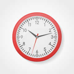 Red wall office clock isolated on white background. Vector illustration.