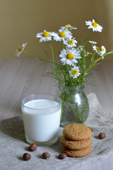 milk, oatmeal cookies, nuts and chamomiles on the table